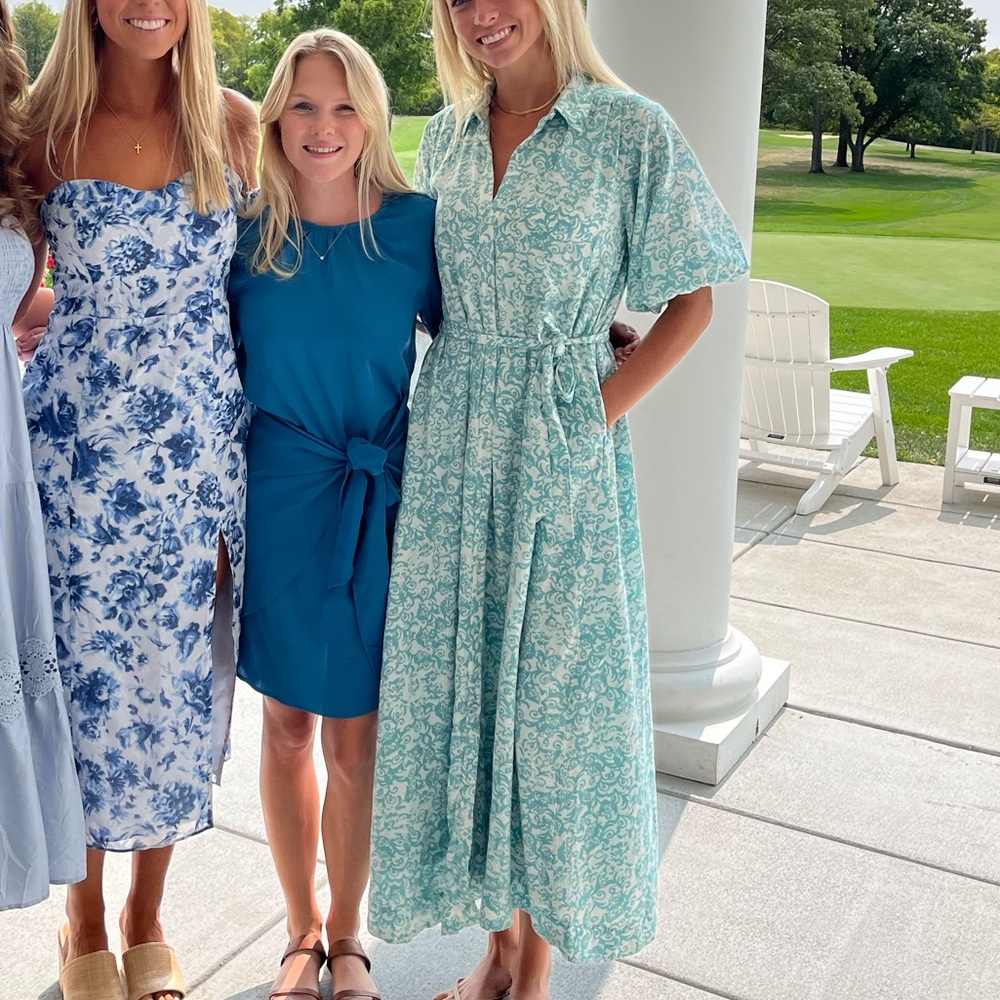 Anthropologie Linen Button Front Maeve Teal Floral Women's Dress (far right)